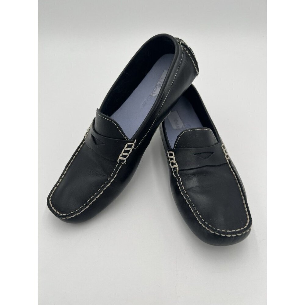 COLE HAAN Driving Shoes Loafers In Black Leather Cream Topstitch Size 8 AA EUC - Picture 4 of 13